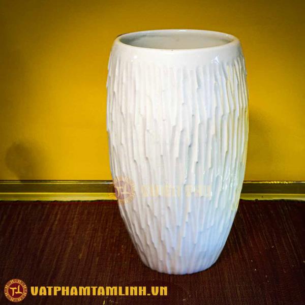 Bình Hoa Trang Trí Men Trắng Dáng Bom Cúp Xước 