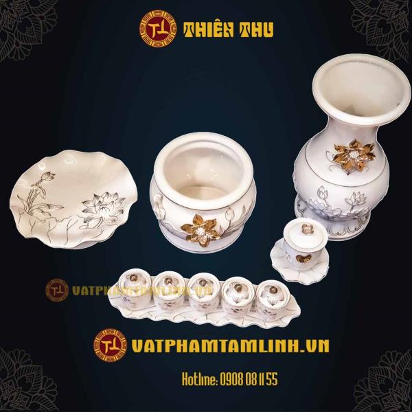 Bộ Thờ Cúng Gốm Hoa Sen Trắng 