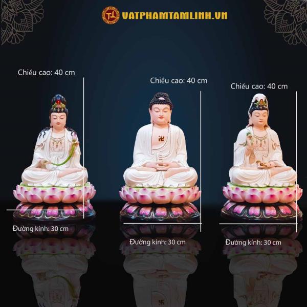 Bộ Tam Thánh Phật ngồi sứ trắng viền vàng 