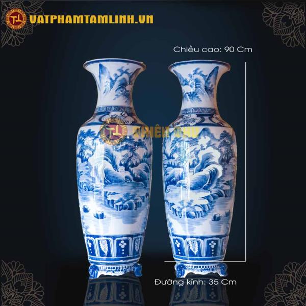 Cặp Lộc Bình Men Lam Cổ (Cảnh Sơn Thủy 90cm) 