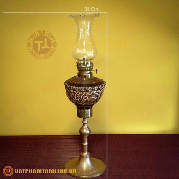 Đèn chân đồng khắc phù dung