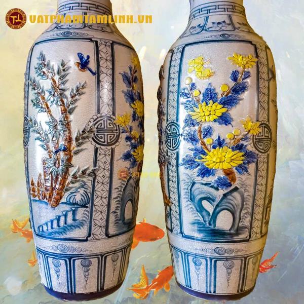 Lọ Lộc Bình Men Rạn Đắp Nổi Mai - Tùng - Cúc - Trúc 