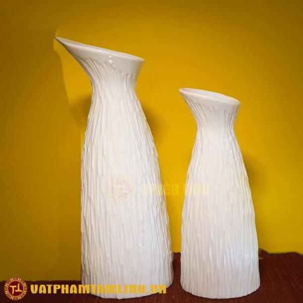 Bình Hoa Trang Trí Men Trắng Dáng Chai Vác Xước 