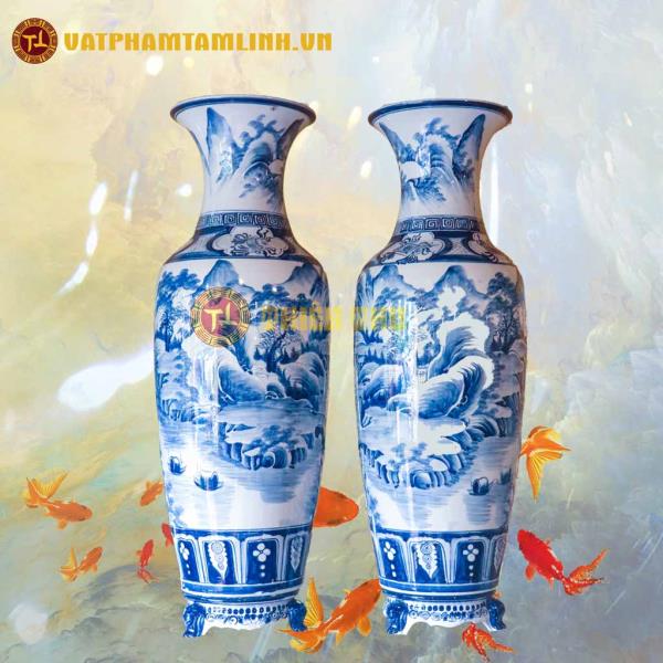 Cặp Lộc Bình Men Lam Cổ (Cảnh Sơn Thủy 90cm) 